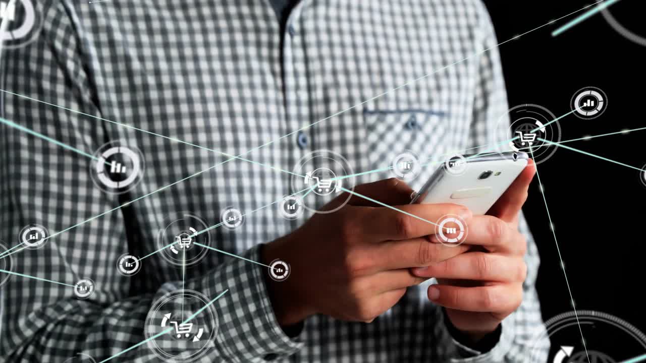 Uomo che scorre lo schermo dello smartphone, creando icone di grafici a barre che si collegano attraverso una rete tecnologica.