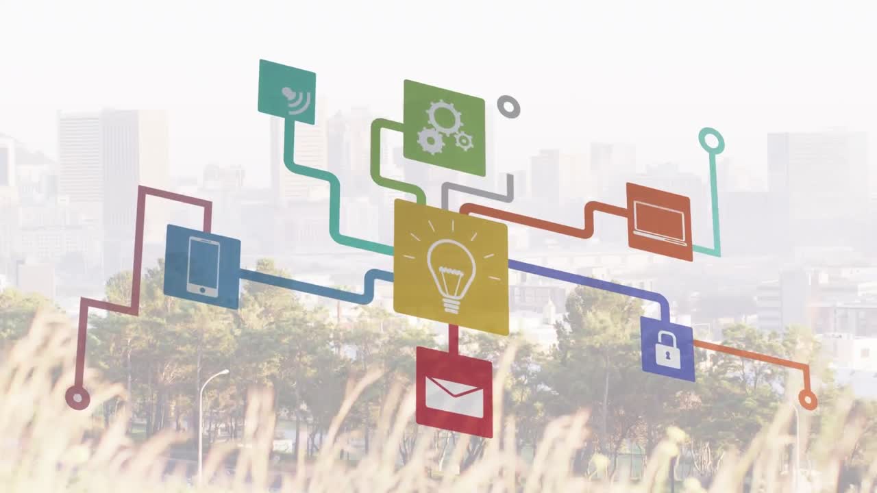 animación de una red de iconos digitales frente a una vista aérea del paisaje urbano