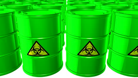 looped animated background with acid-green barrels with  black-yellow sign of bio hazard. toxic waste. white background. 4k. seamless loop.