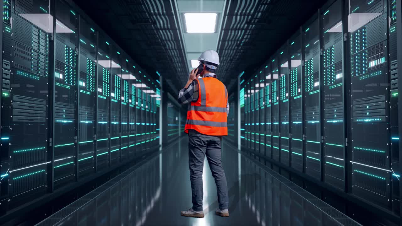 Full Body Back View Of Asian Male Engineer With Safety Helmet Talking On Smartphone While Standing in Server Room Data Center