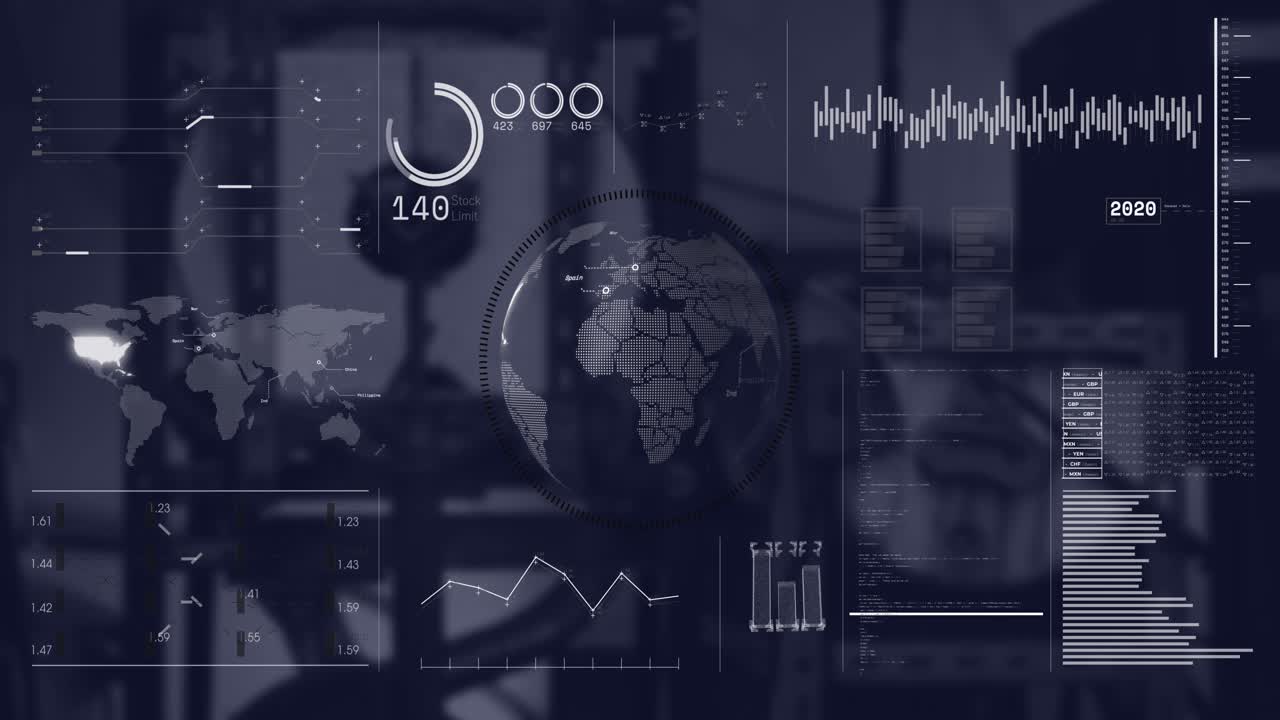 Animation of interface with spinning globe and data processing against empty office