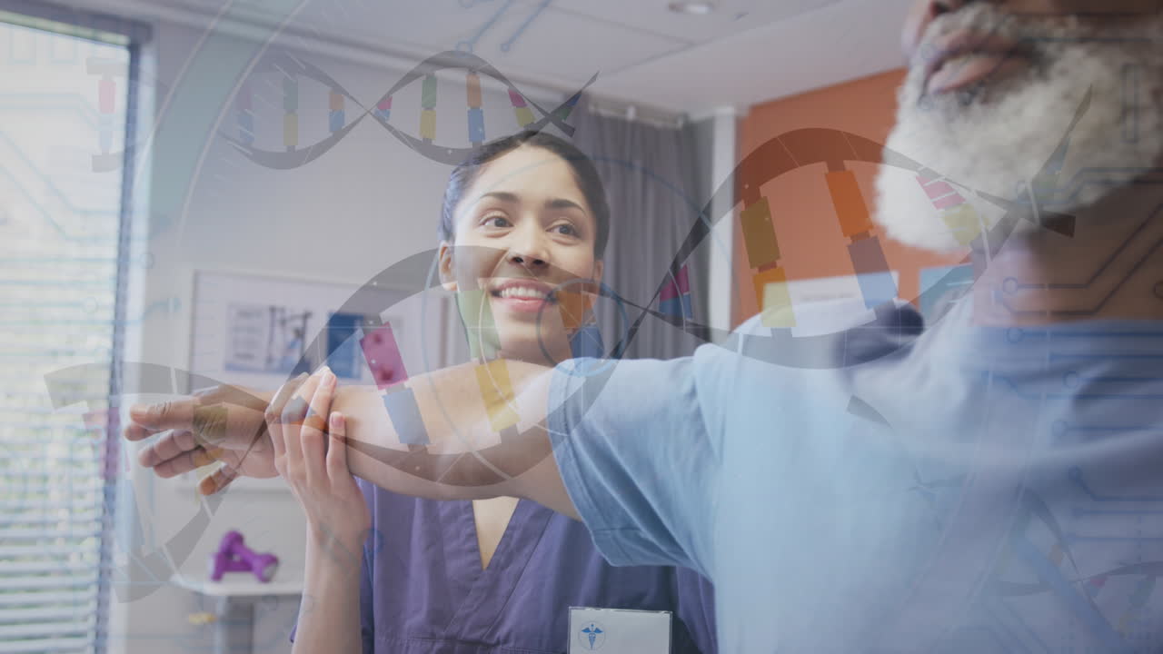 animación de cadenas de adn y procesamiento de datos sobre diversos médicos y pacientes en el hospital.