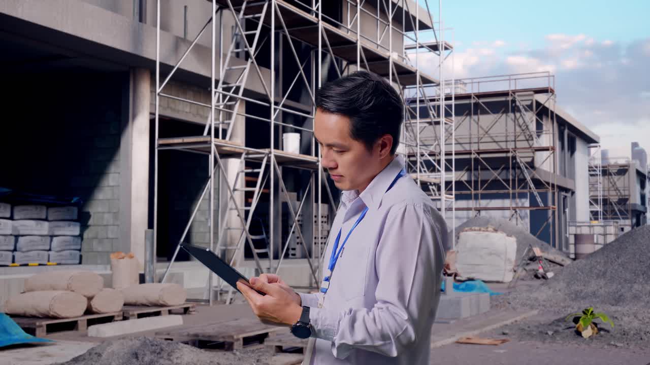 Side View Of An Asian Male Professional Worker Standing With His Tablet At Construction Site in Progress to New House, Checking On His Tablet With Meditation