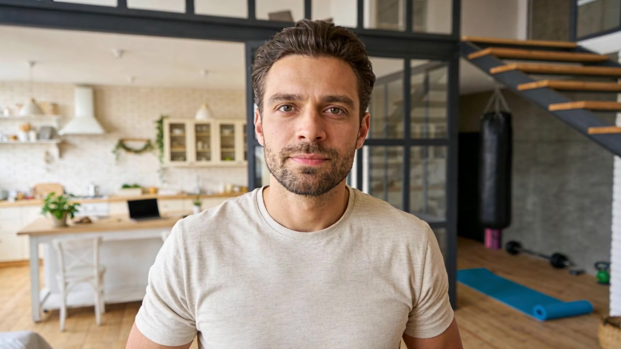 Telecamera che si avvicina, uomo che si muove e parla alla telecamera in una cucina in stile loft con laptop e sacco da boxe.