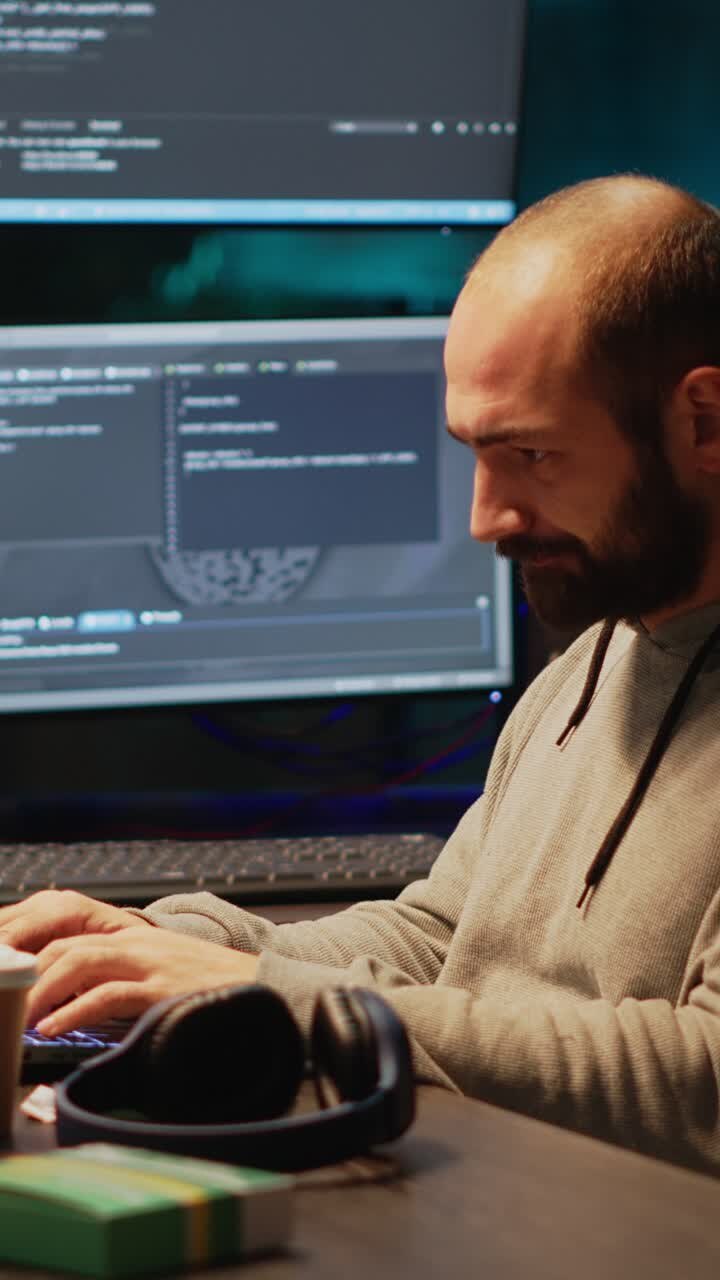 Video verticale: sviluppatore web che prende degli integratori da una scatola in ufficio
