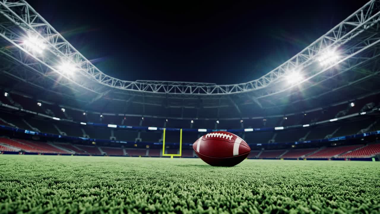 Ripresa dal basso di un pallone da calcio su un campo da stadio sotto luci intense, che cattura l'emozione.