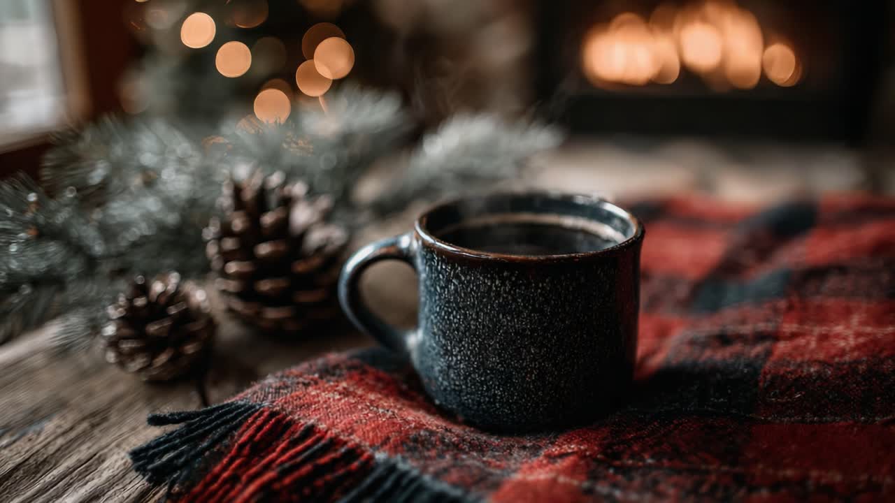 A Warm Cup of Coffee on a Cozy Blanket by the Fireplace, Surrounded by Pinecones and Soft Bokeh Lights for a Relaxing Atmosphere