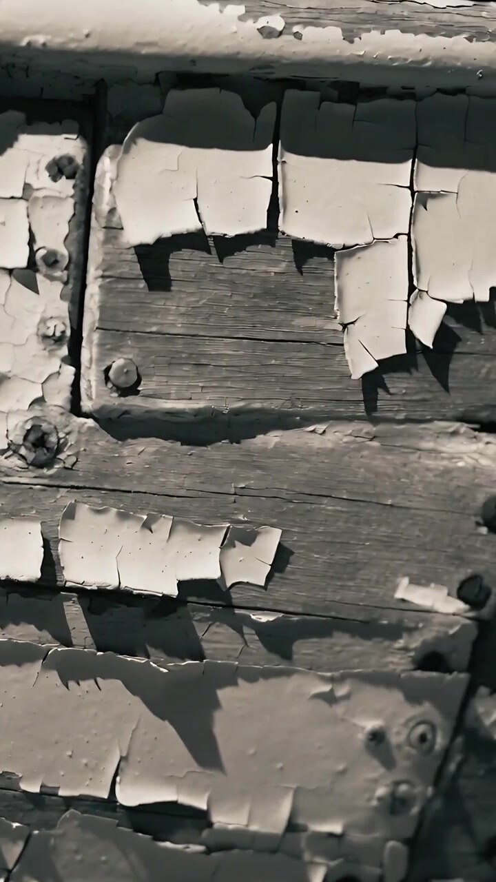 Vertical video: Starting handheld camera scanning peeling wooden boards on door, revealing screws