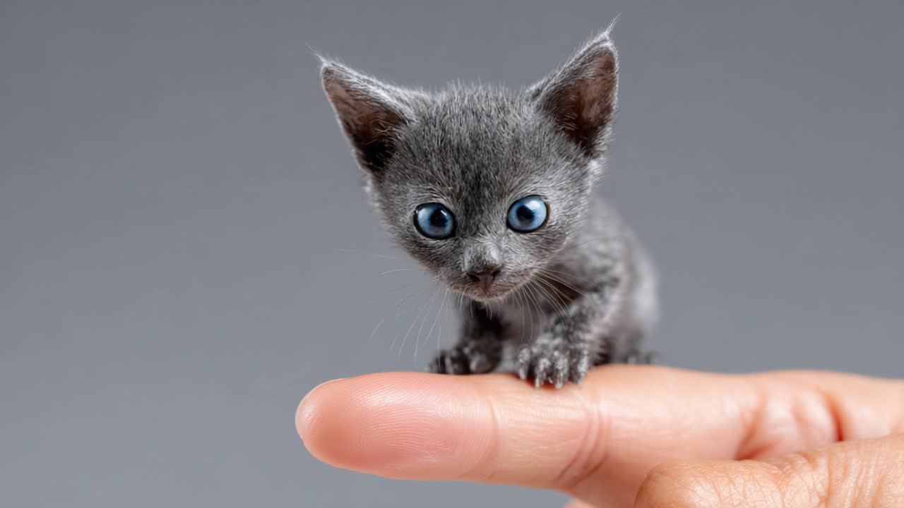 Adorable Tiny Kitten Balancing on a Finger: A Captivating Moment of Cuteness and Curiosity Captured in Stunning Detail