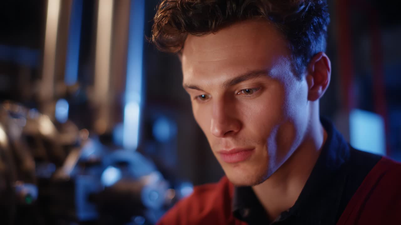 A thoughtful young man focused on intricate machinery, displaying a deep concentration and artistic flair as he meticulously engages with technology in an industrial environment showcasing innovation