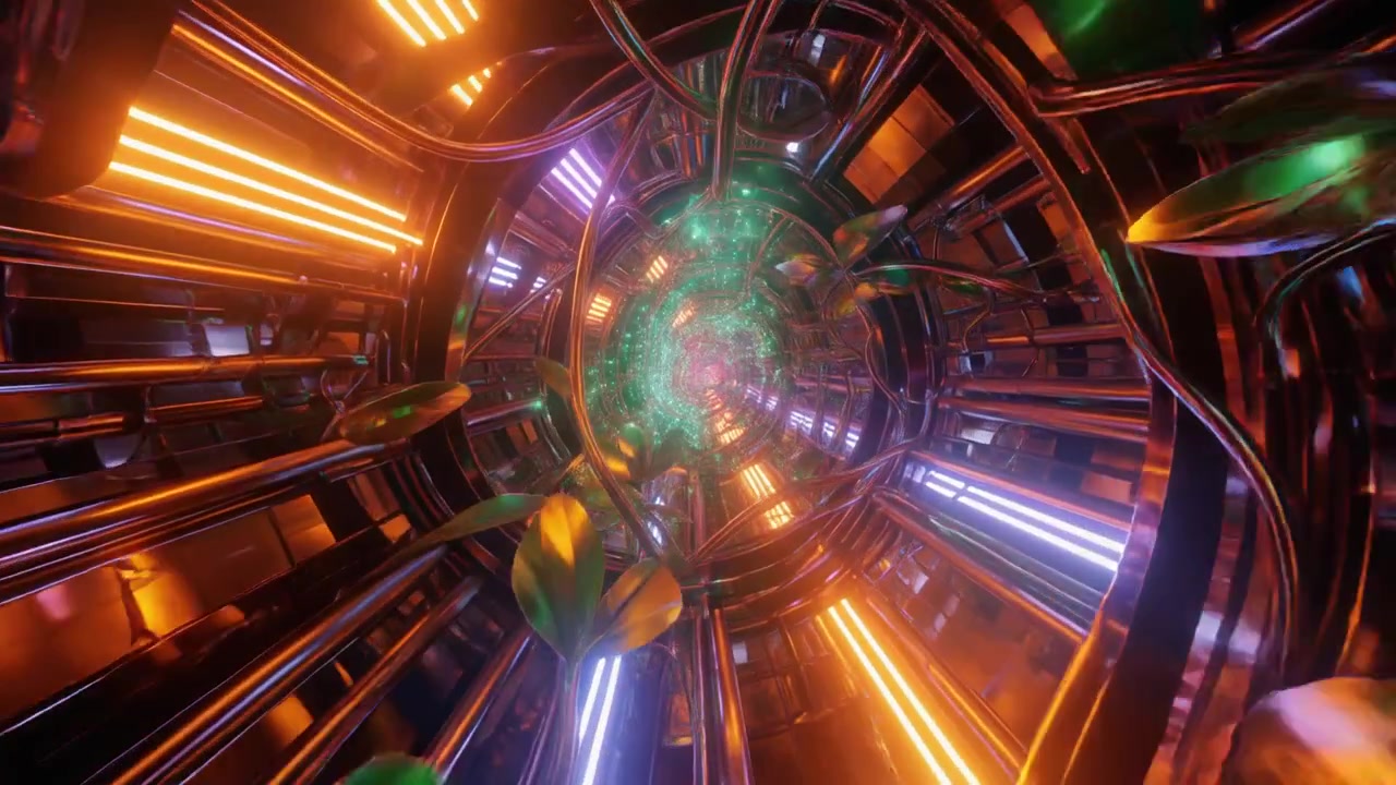Tunnel metallico futuristico con luci luminose ed elementi vegetali organici