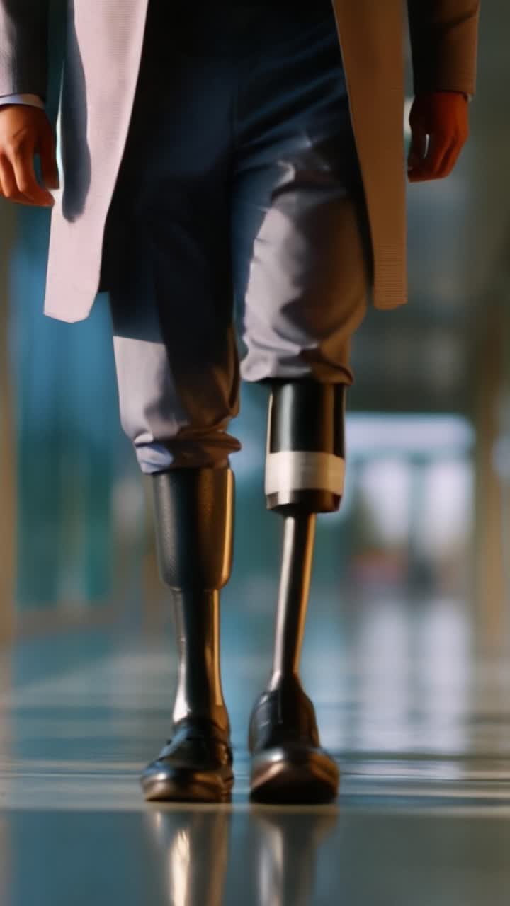 A confident individual strides forward with a prosthetic leg, embodying determination and resilience in motion, showcasing the power of adaptive technology in action