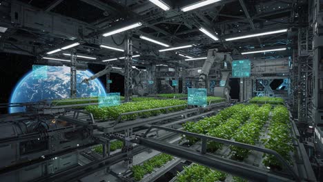 futuristic indoor farming: advanced robotics nurturing green crops in a high-tech space environment with earth visible in the background