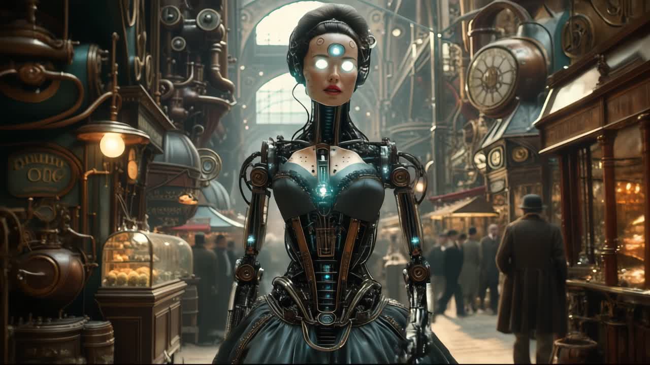 Donna robot steampunk in un mercato vittoriano