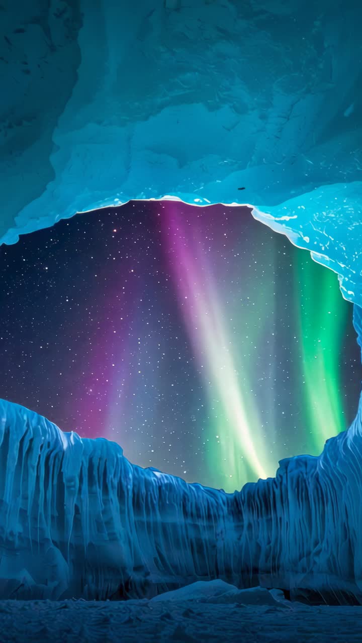 Vertical video: Shifting aurora pulsing through oval opening lighting ice rim icicles and stars