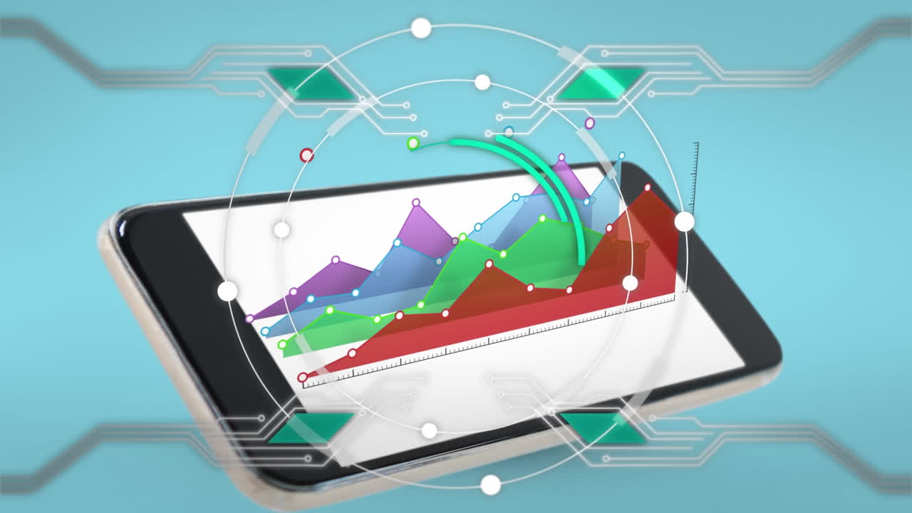 Colourful graph and smartphone on blue background