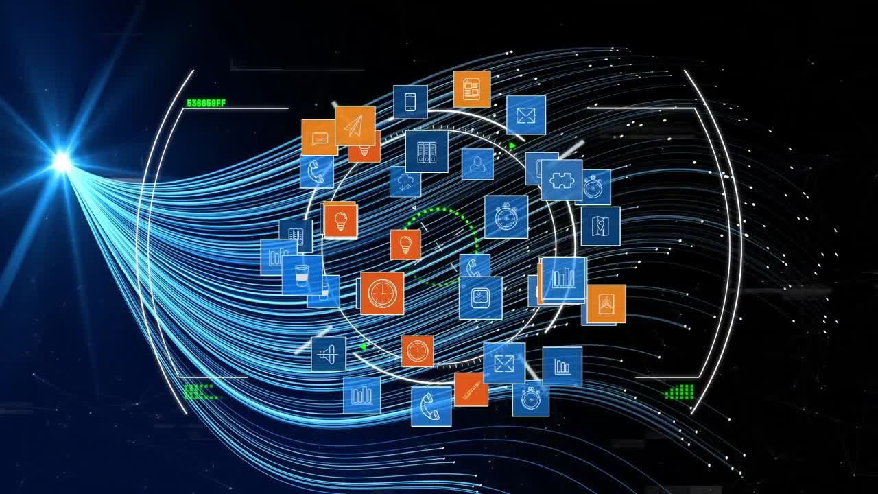 Animation of globe with icons and network of connections over blue background