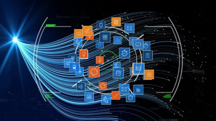 Animation of globe with icons and network of connections over blue background