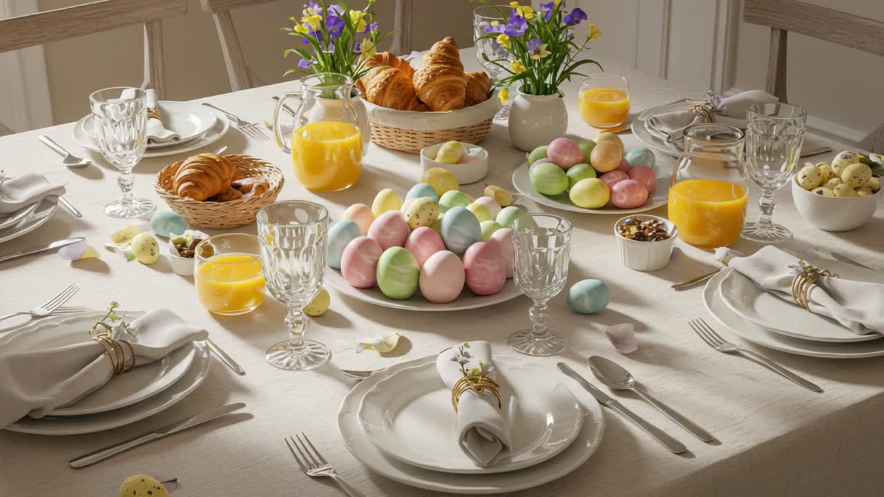 A Beautifully Set Table for a Joyful Celebration, Featuring Colorful Easter Eggs, Fresh Pastries, and Vibrant Flowers to Create a Warm Holiday Atmosphere