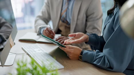 tablet, manager or hands of woman in training