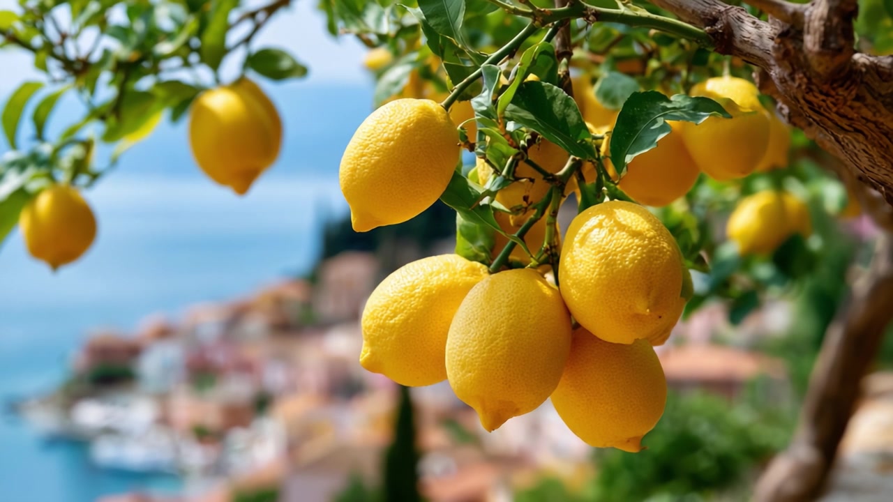 Limoni gialli vivaci appesi a un ramo d'albero con uno sfondo panoramico di acqua e un villaggio, che catturano l'essenza della freschezza e della bellezza naturale.