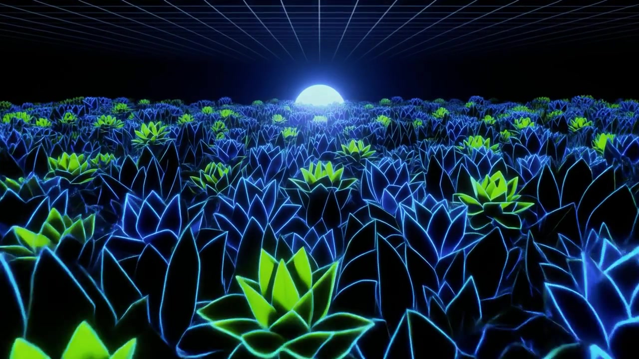 Abstract Neon Lotus Flower Field in Retro Synthwave Style