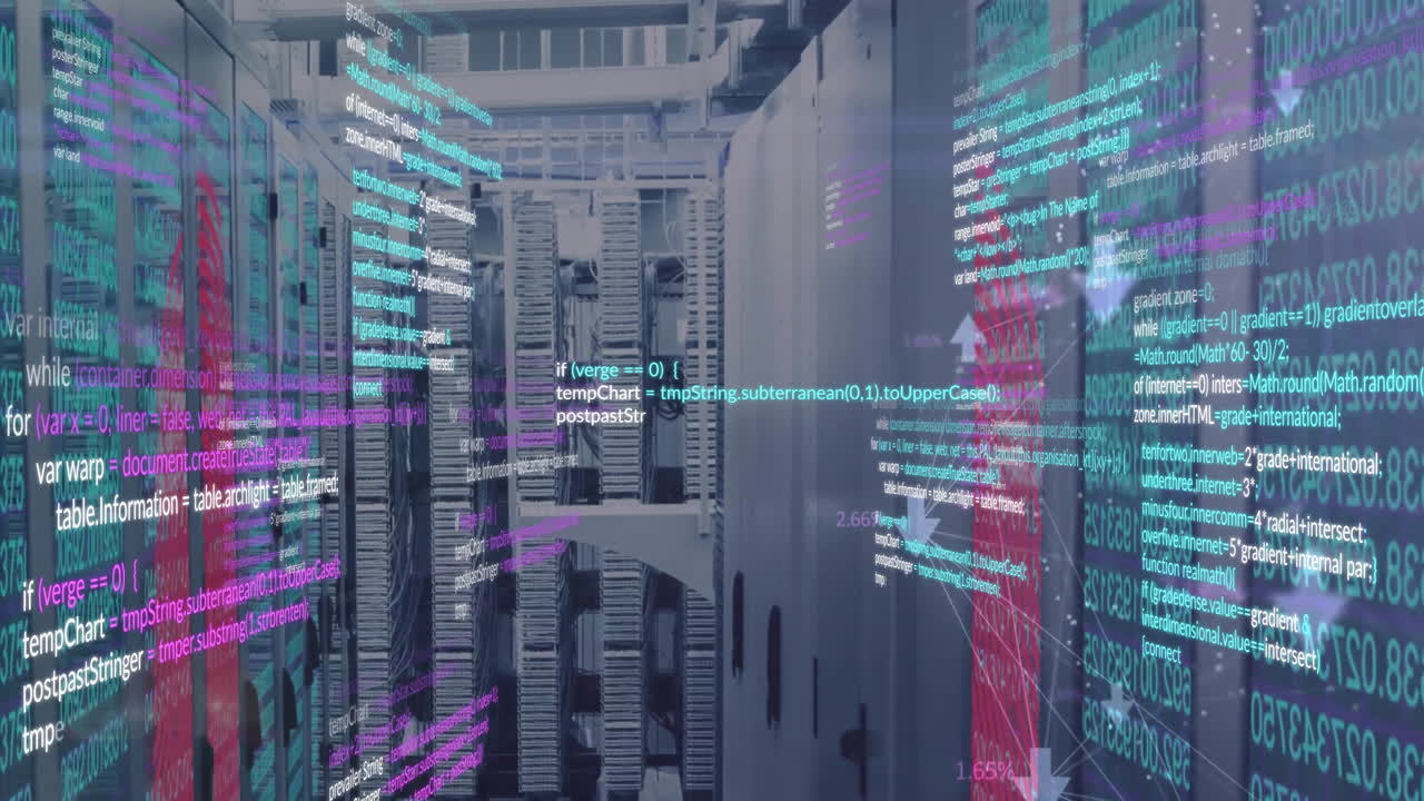 Animation of data processing with arrows over server room