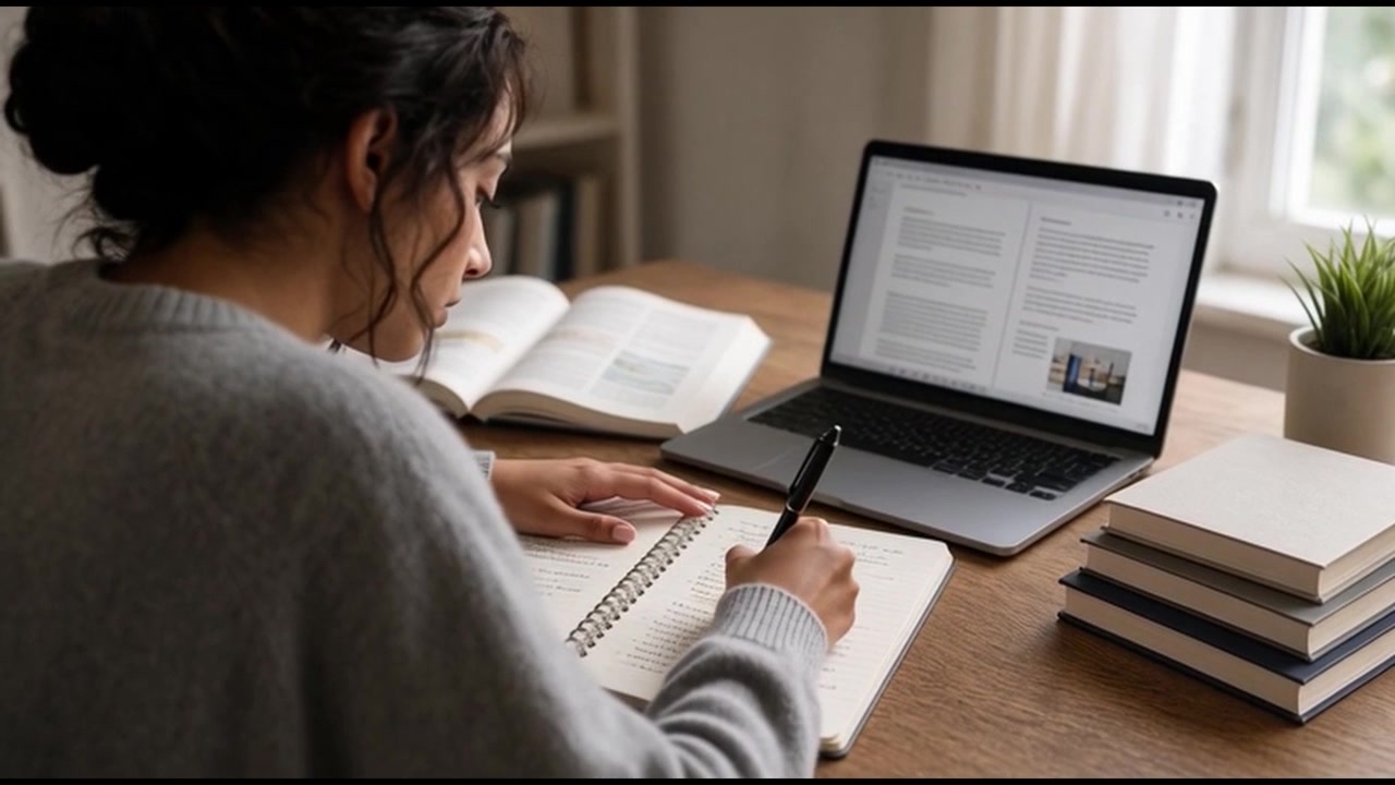 Young Woman Studying and Taking Notes at Desk