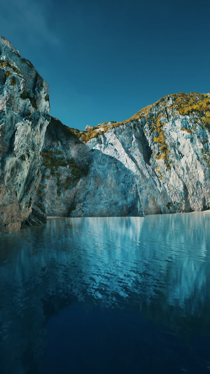 Lago tranquillo con scogliere rocciose e cielo blu