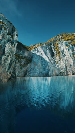 tranquil lake with rocky cliffs and blue sky