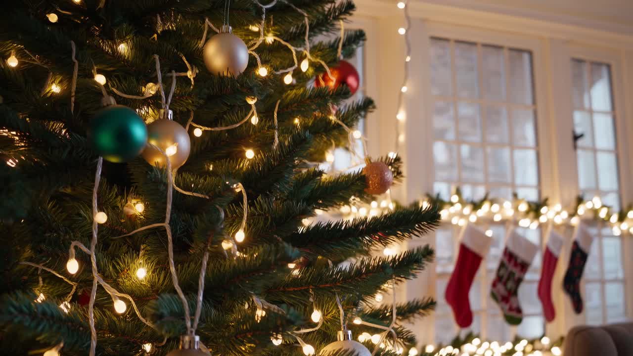 Festive Christmas scene with a close-up angle of a decorated tree and stockings