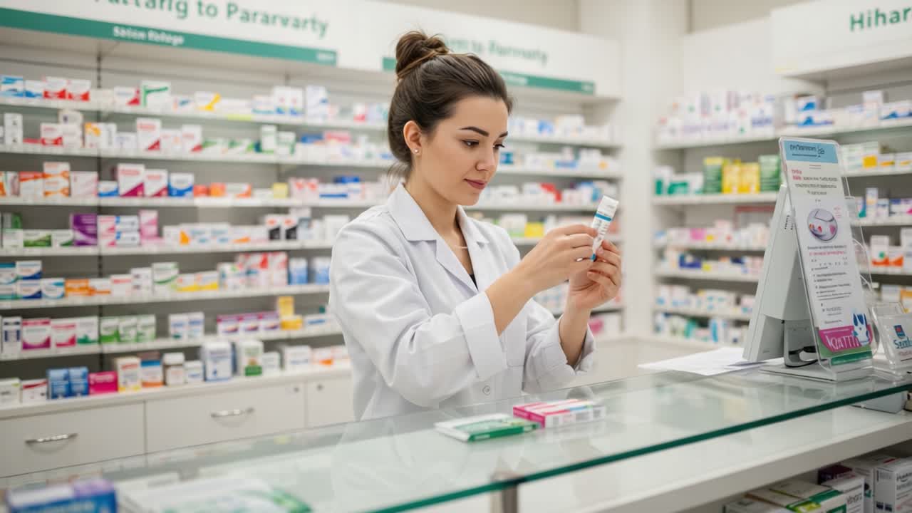 A pharmacy technician meticulously inspects a medication bottle while providing essential pharmaceutical care, ensuring accurate dispensing and patient safety