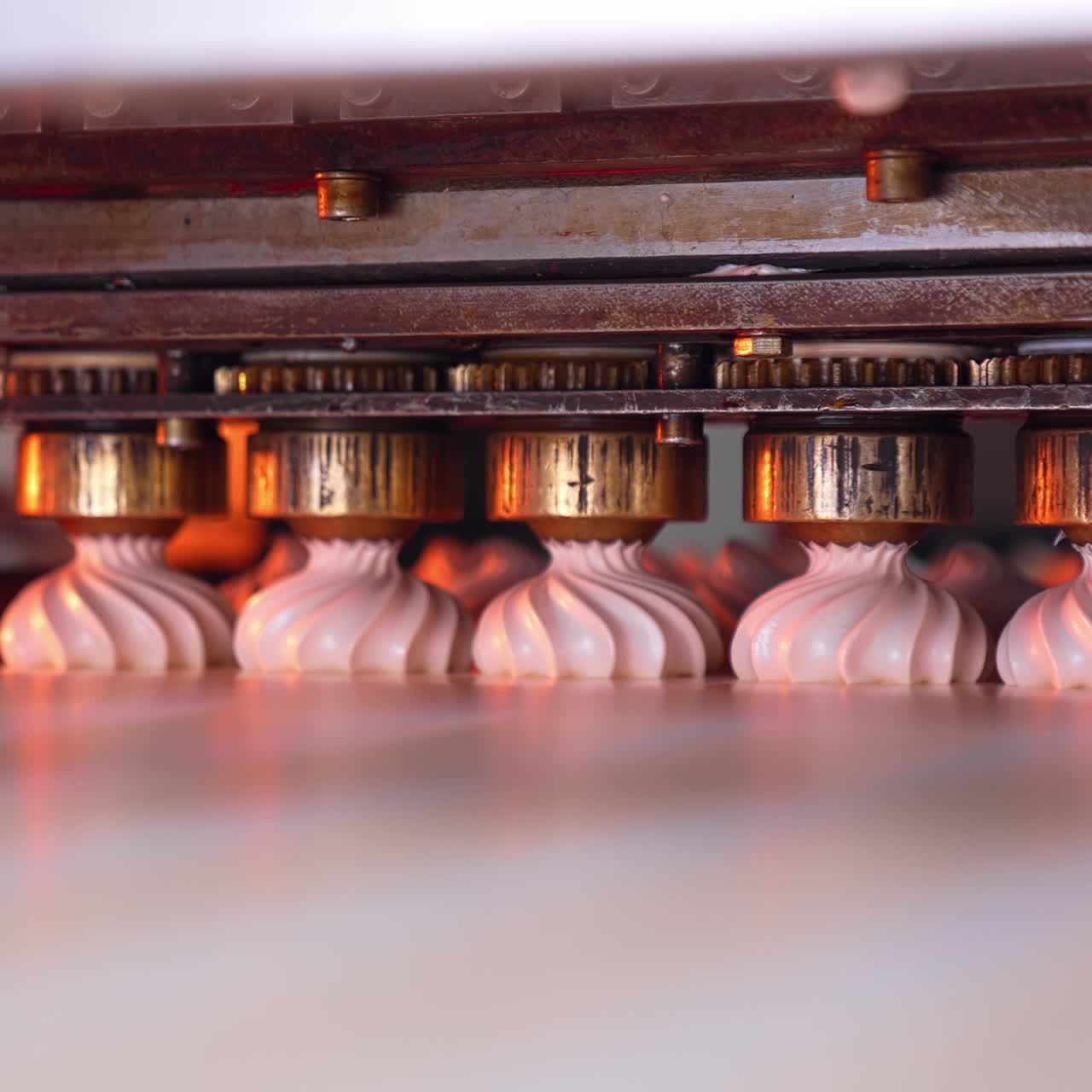 The process of laying marshmallows on the conductor. Pink marshmallows being squeezed from the depositor nozzles. Close up