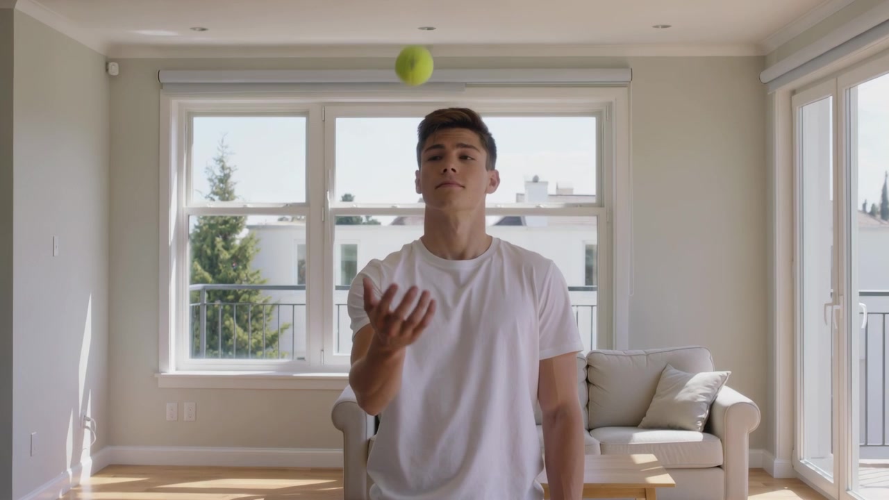 Holding tossing man in white tee and gray pants, practicing catching green ball in living room