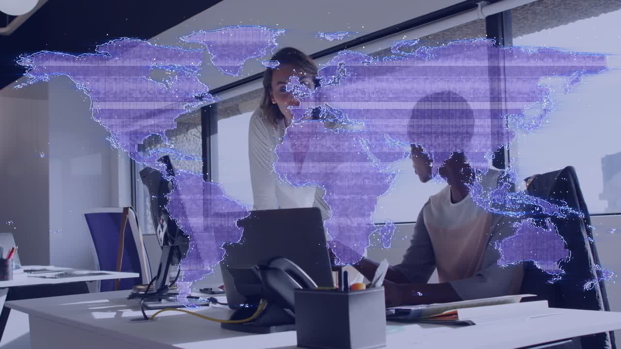 Standing lead pointing at laptop peer confirming business details while purple map overlaying frame