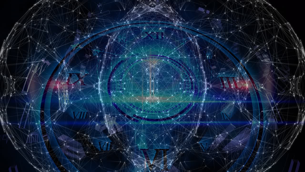 디지털 인터페이스에서 로마 숫자로 원에 기하학적 모양을 형성하는 점의 애니메이션