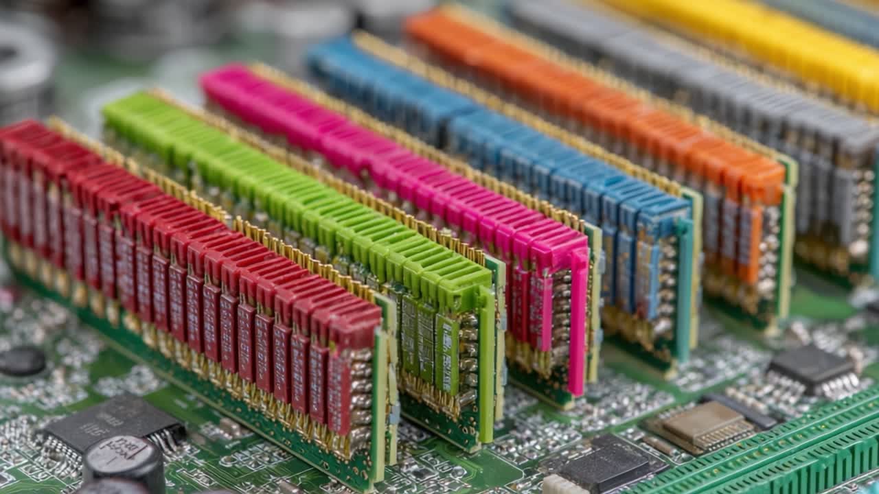 A Close-Up Examination of Colorful Memory Modules Installed on a Circuit Board Reflecting Modern Computer Technology Advancements and Design Innovation