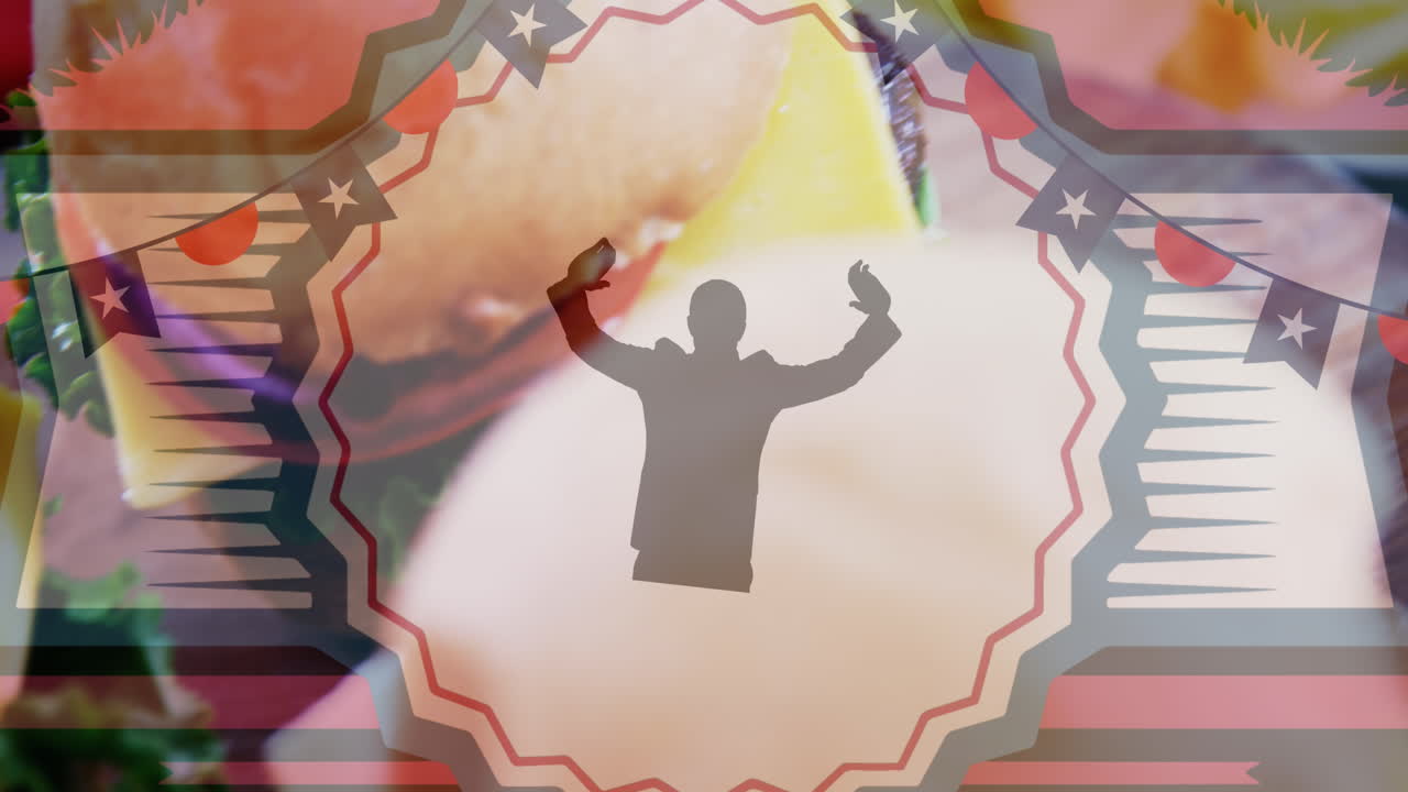 햄버거 위에 코티리온,  ⁇ 발, 인간 실루 ⁇ 의 애니메이션