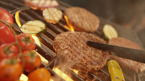 grilled burgers and vegetables