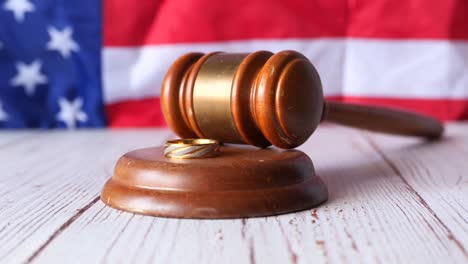 divorce and the law: a gavel, wedding ring, and american flag