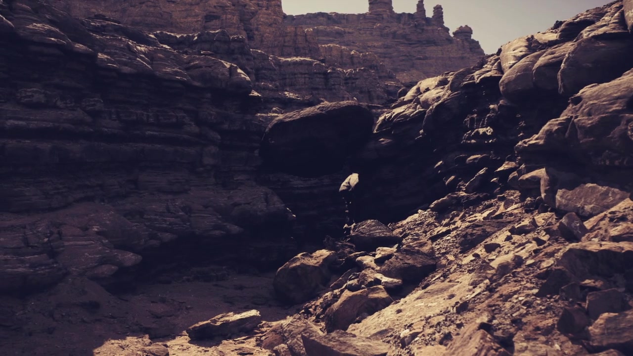 Vast arid gorge illuminated by golden sunlight and textured terrain