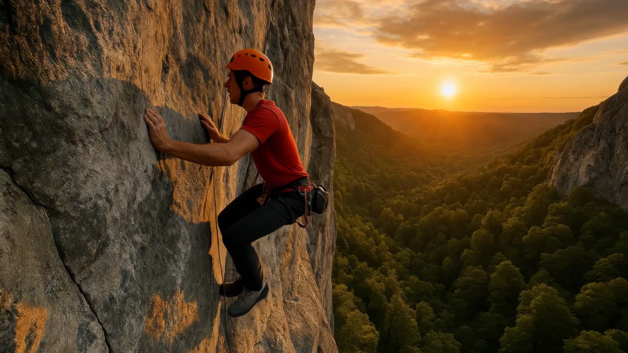 Um alpinista escala um penhasco ao pôr do sol, capturado de um ângulo lateral.