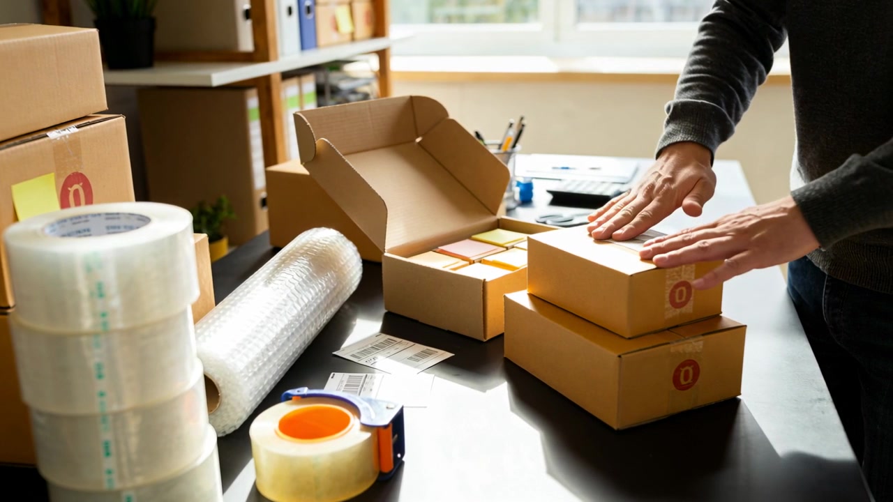 Picking shipping label packer in dark sweater aligning pressing boxes at home to ship, copy space