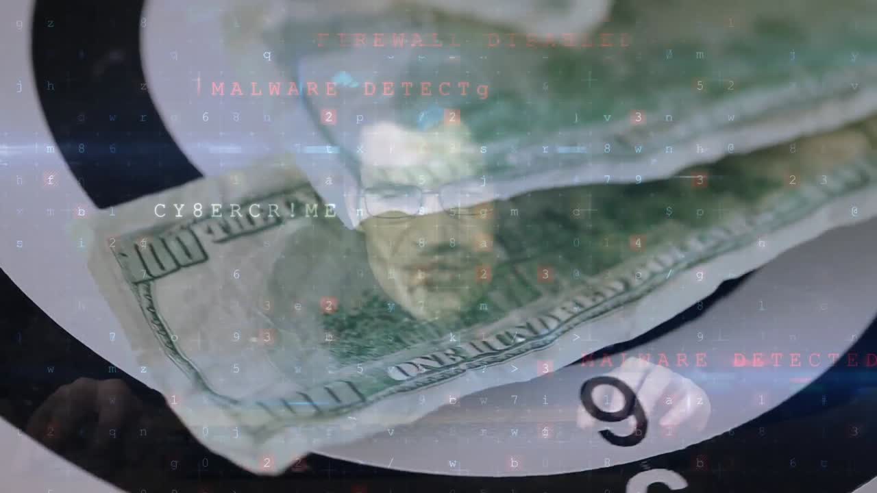 컴퓨터와 지폐를 사용하여 사람 위에 움직이는 데이터 처리의 애니메이션