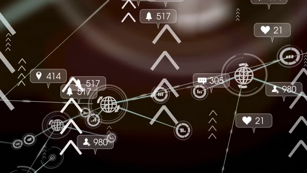 animación de la red de conexiones con iconos de medios sobre flechas