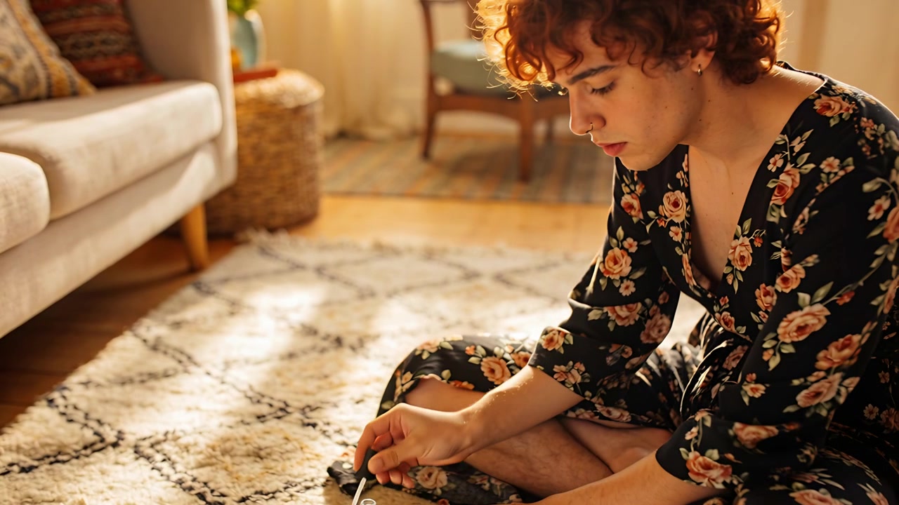 Aprendo smalto e pennello, uomo in vestaglia floreale che si dipinge le unghie su un tappeto a casa mentre si prende cura di sé, spazio per il testo