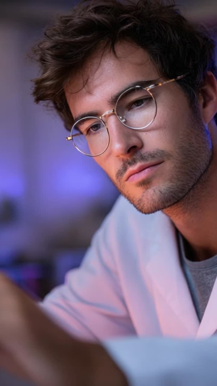 Focused Scientist in Lab Coat Conducting Research with Intense Concentration and Using Technology for Innovative Discoveries Under Soft Ambient Lighting
