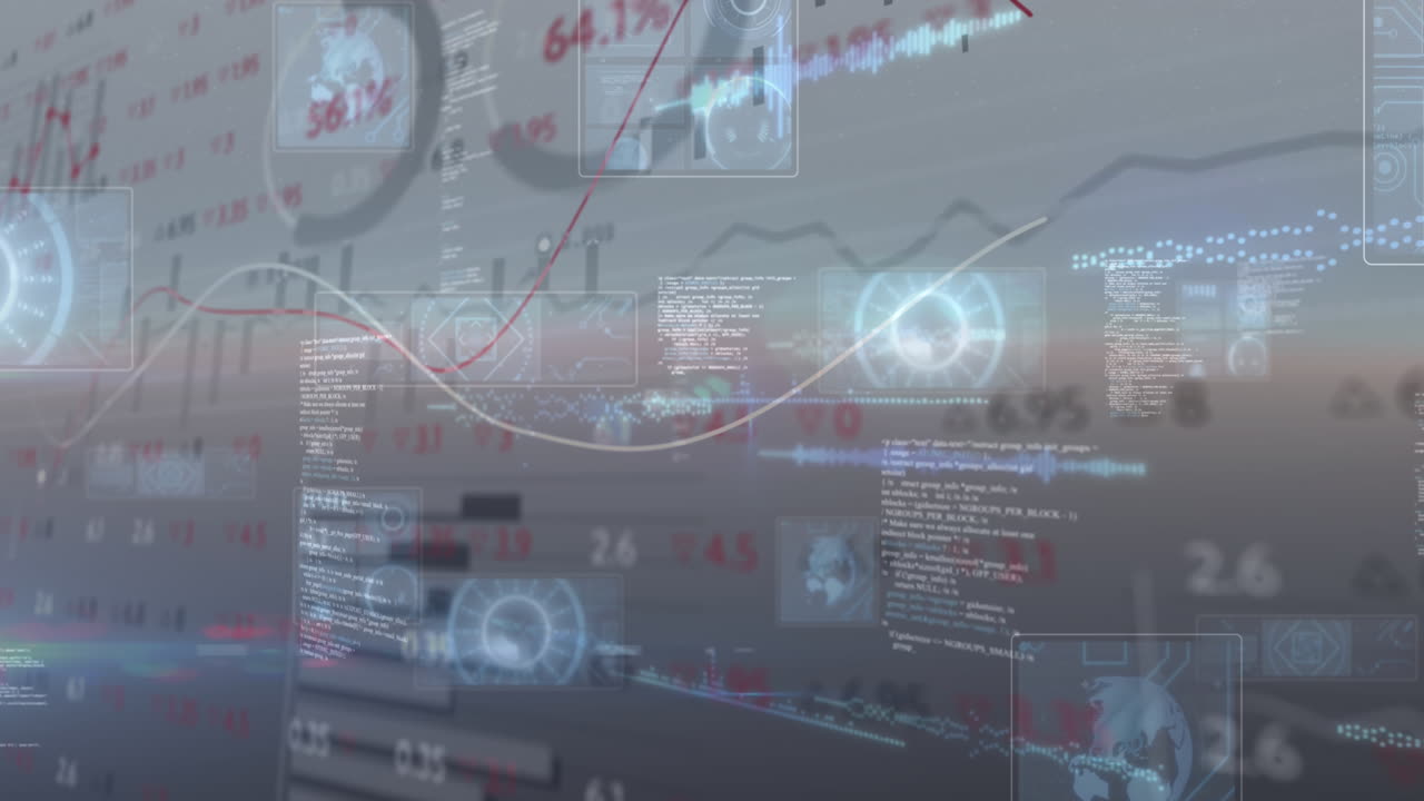 Animation of glowing interface with charts, information and statistics moving on dark background