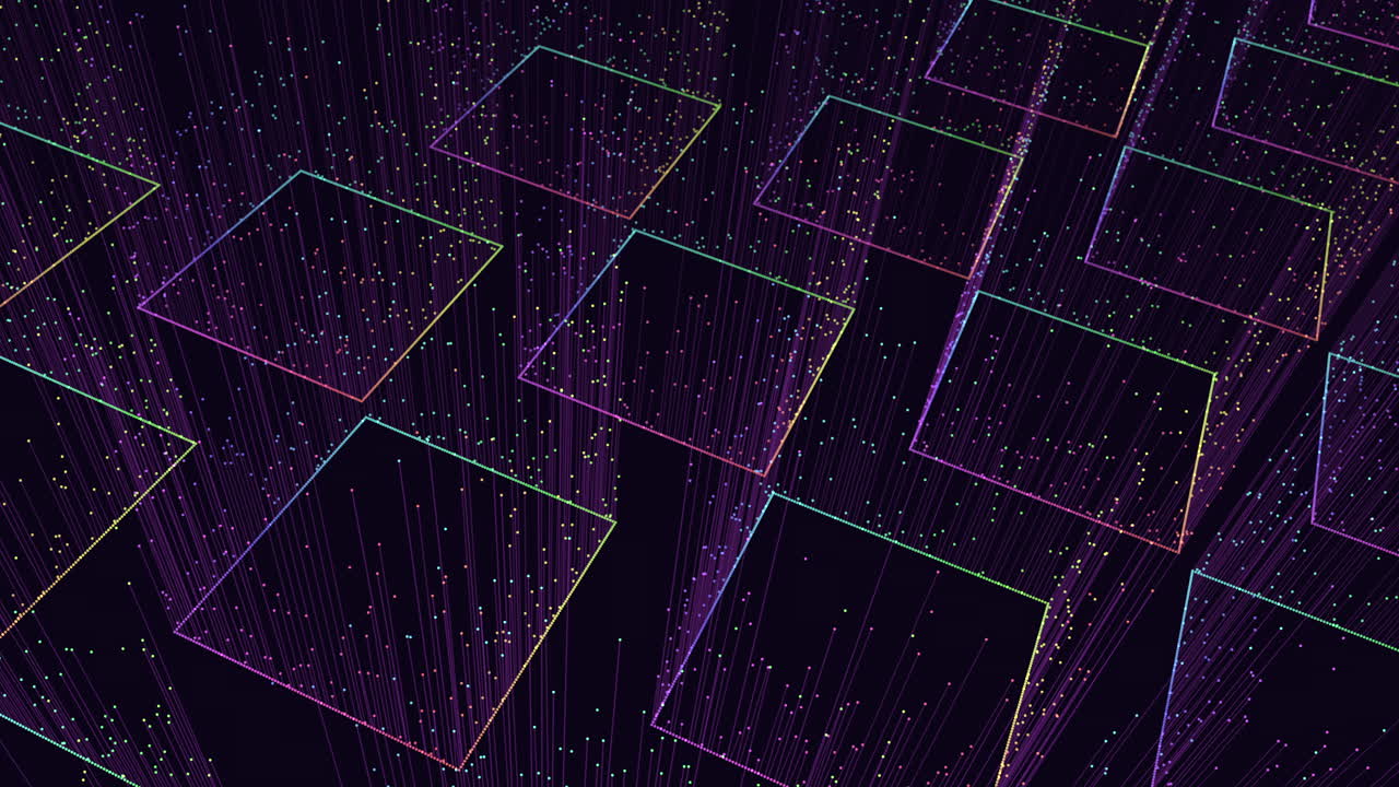 A digital artwork featuring a grid pattern of colorful lines and squares in shades of purple, pink, and blue, creating a visually appealing and abstract design