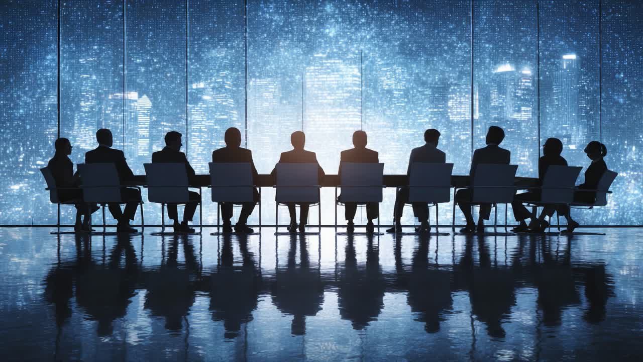 Silhouetted Figures in a Boardroom Meeting Against a Stunning Urban Skyline with a Starry Background, Representing Corporate Strategy and Collaboration